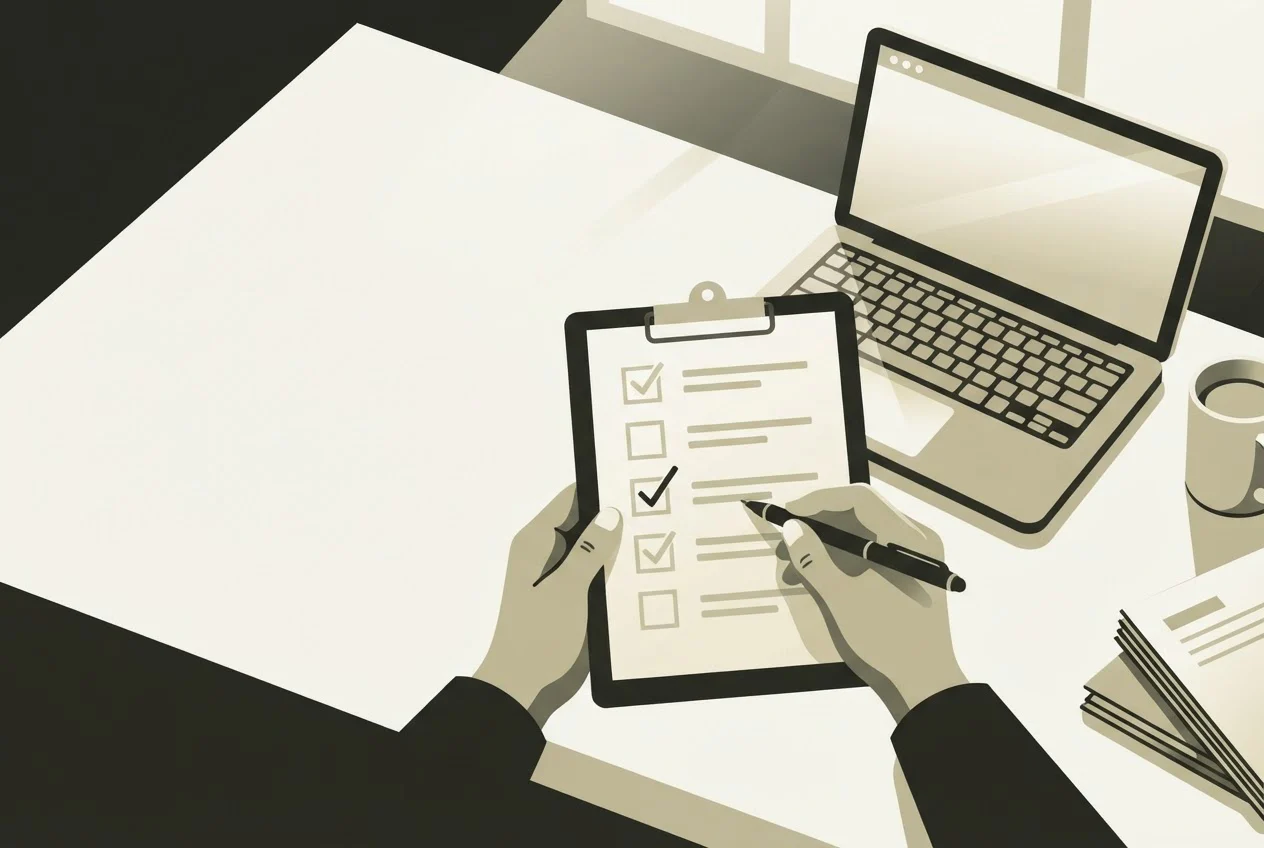 Hands tick items off a printed checklist beside an open laptop on a tidy desk.
