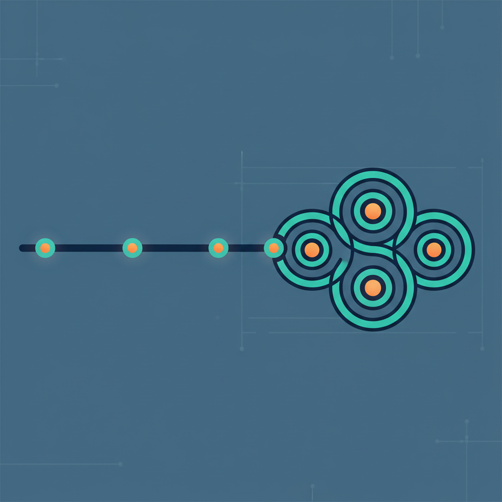 A conceptual diagram comparing a continuous, linear pathway with a series of overlapping, cyclical loops.