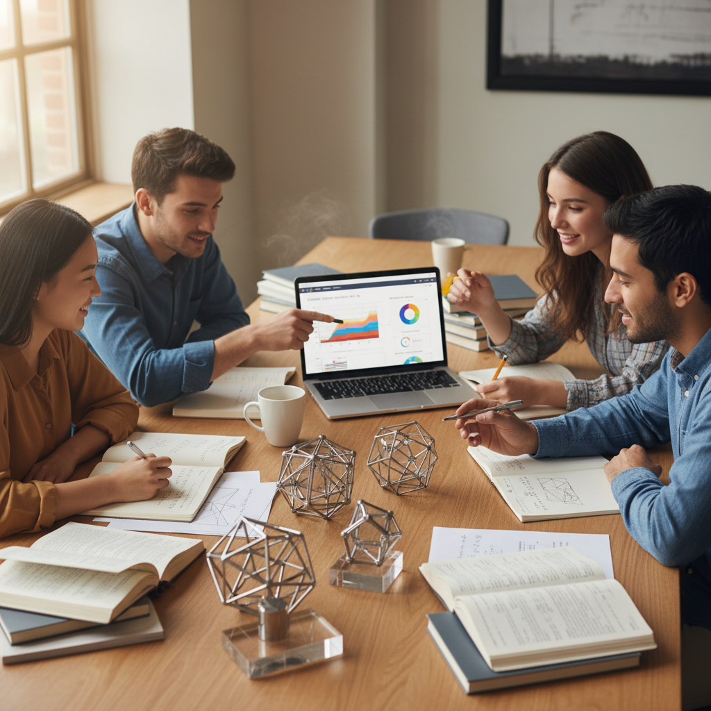 A group of diverse students studying together around a table with geometric models and mathematical notes, showing synchronized collaboration.