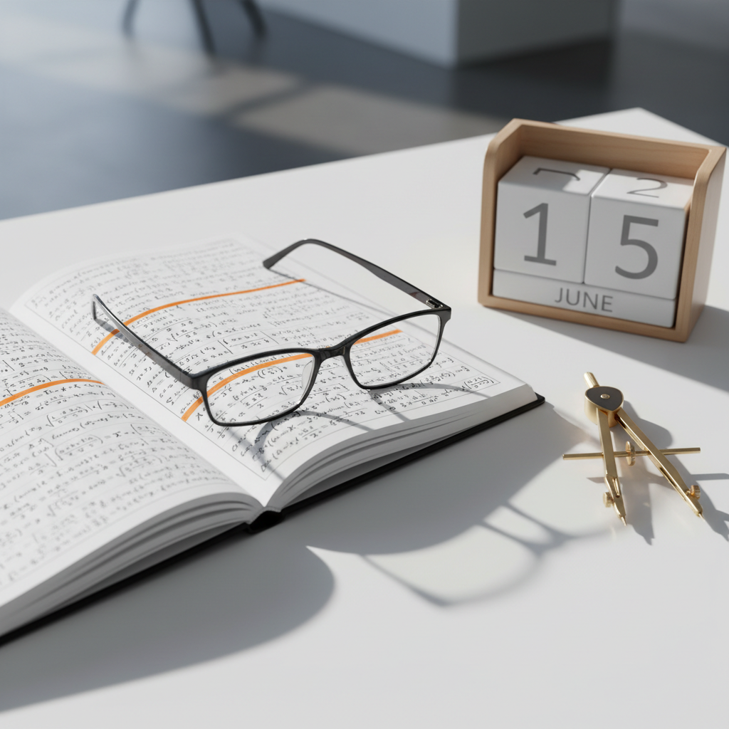 A close-up of a desk with a calendar, a compass, and highlighted mathematical formulas, representing targeted adjustment and planning.
