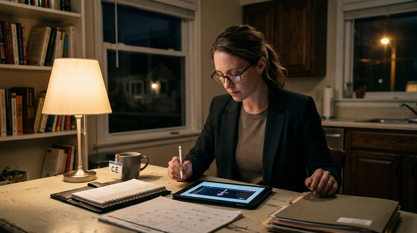Private investigator studying CE course on tablet after work