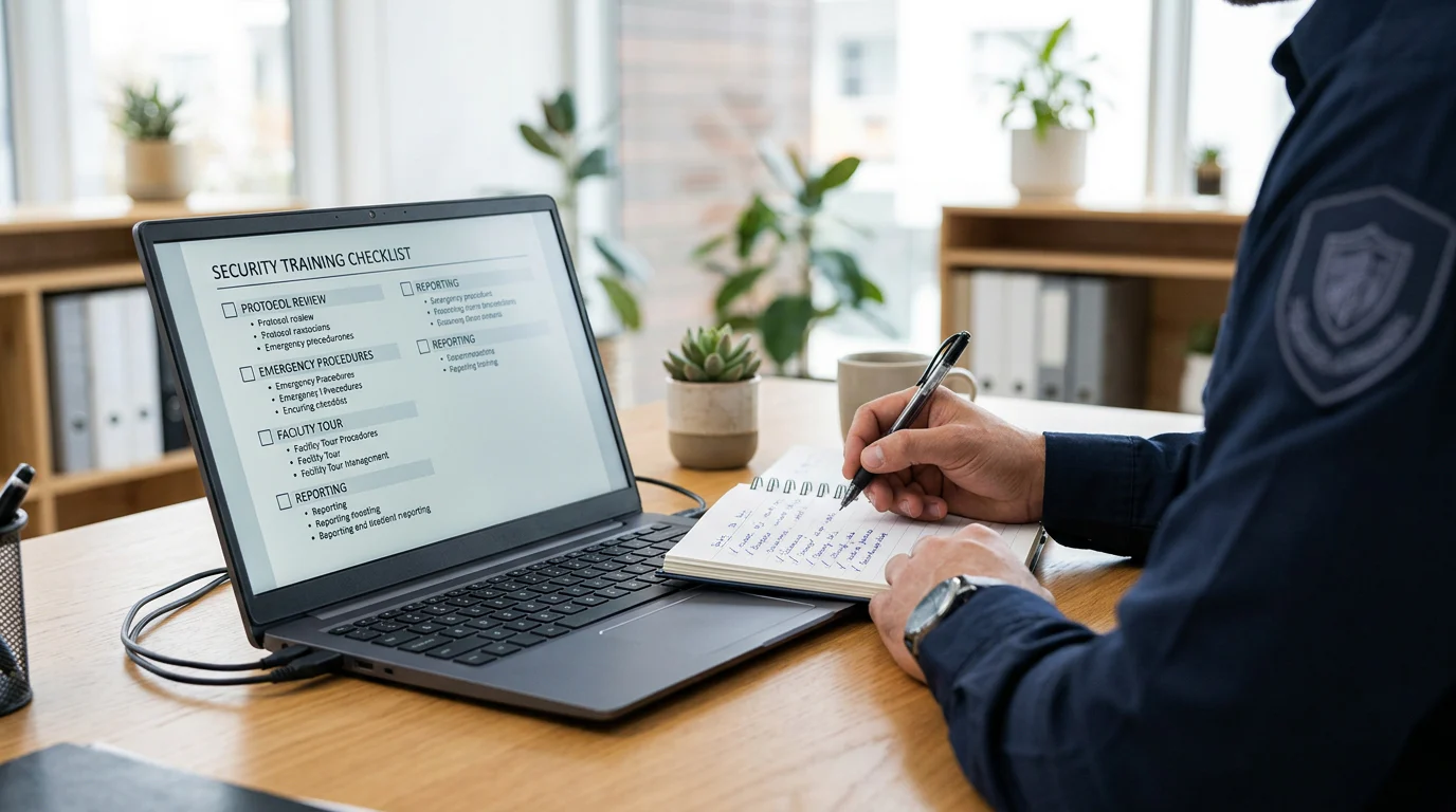 Security training curriculum checklist beside laptop