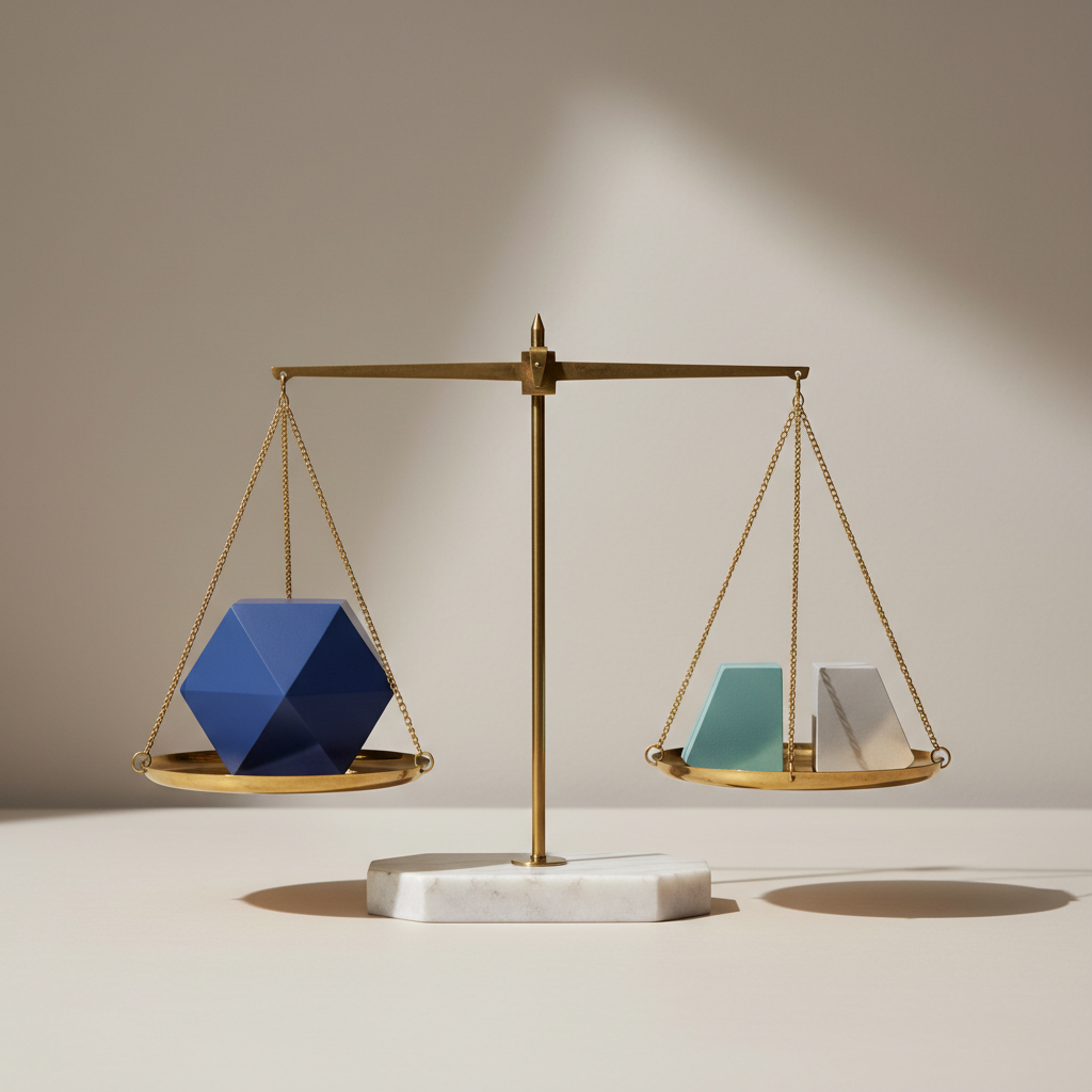 A modern, minimalist scale balancing three distinct geometric blocks representing different study activities.