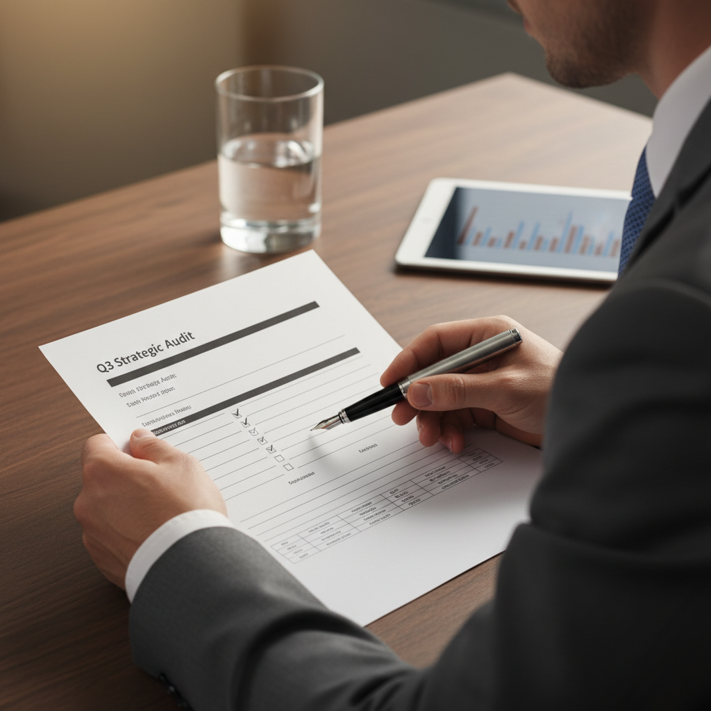 A close-up of a professional's hands reviewing a structured document with a sleek pen, representing a rigorous audit process.