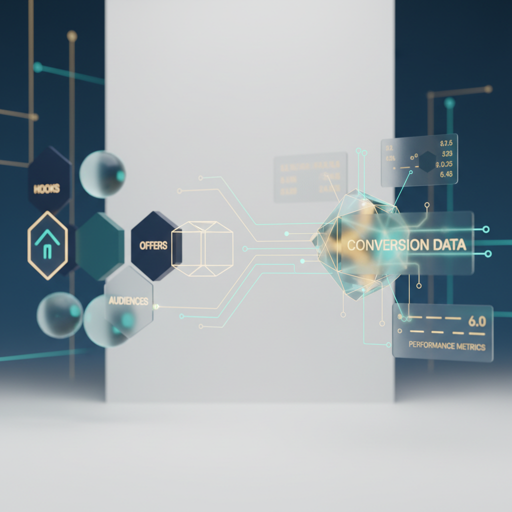 Abstract visualization of creative ad elements connecting to performance data streams.