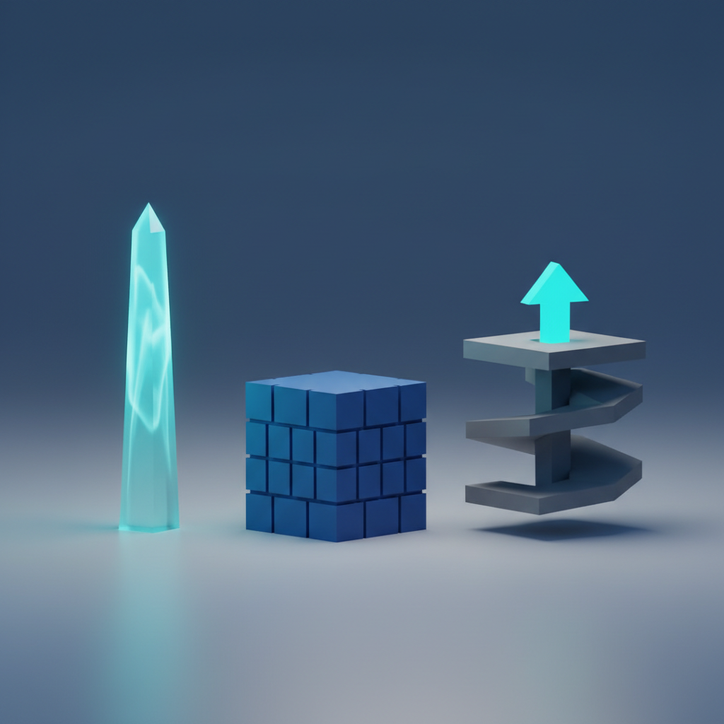 Three distinct abstract pillars representing prediction, observation, and causal lift.