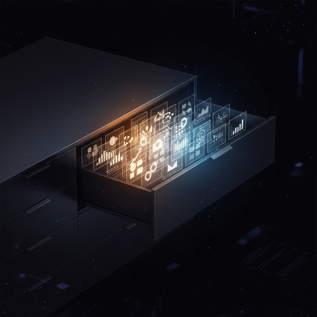 A structured, glowing digital archive drawer storing creative ad concepts.