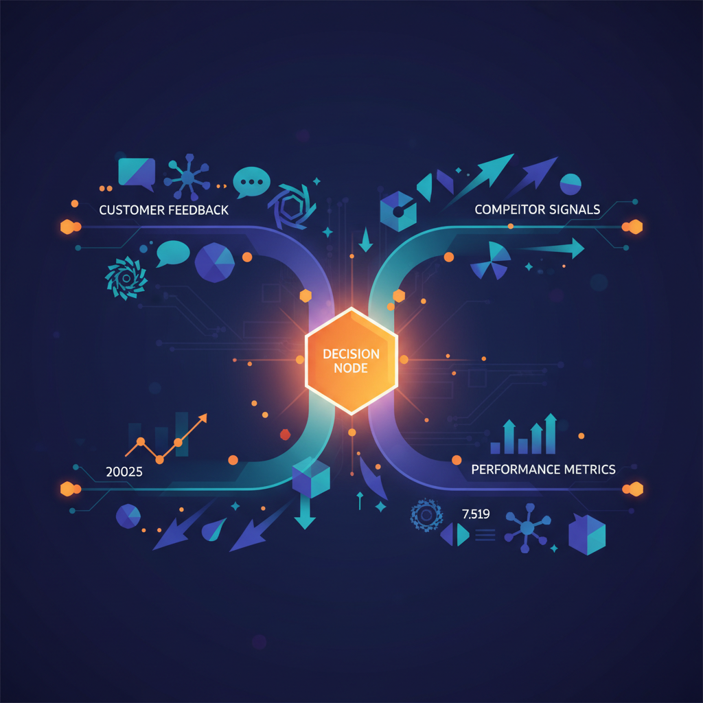 Abstract diagram showing diverse data streams like customer feedback, competitor signals, and performance metrics converging into a central decision node.
