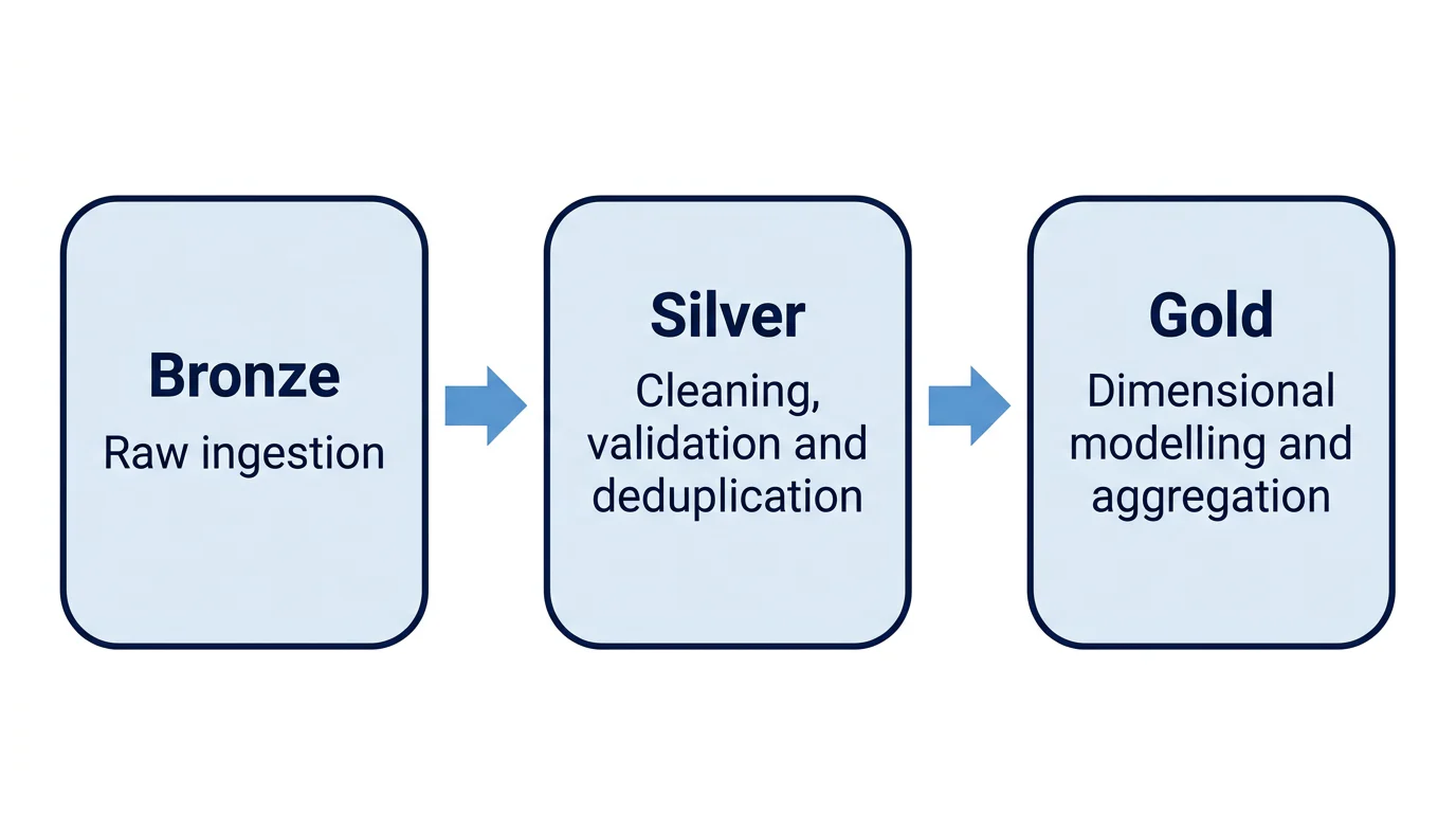 A left-to-right three-stage Azure lakehouse flow showing Bronze raw ingestion, Silver validation and deduplication, and Gold modelling and reporting.