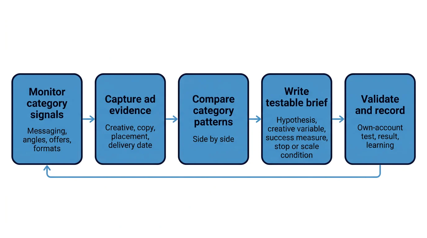 A five-stage loop moves from monitored competitor signals to evidence capture, category comparison, a testable brief and an owned-account learning.