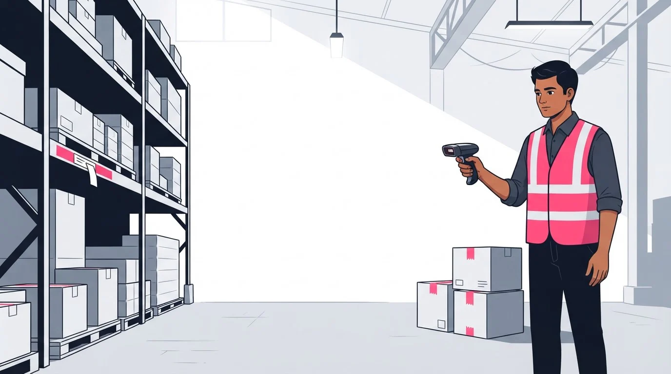 A storekeeper in a warehouse aisle scanning a pallet on a tall rack with a handheld scanner.
