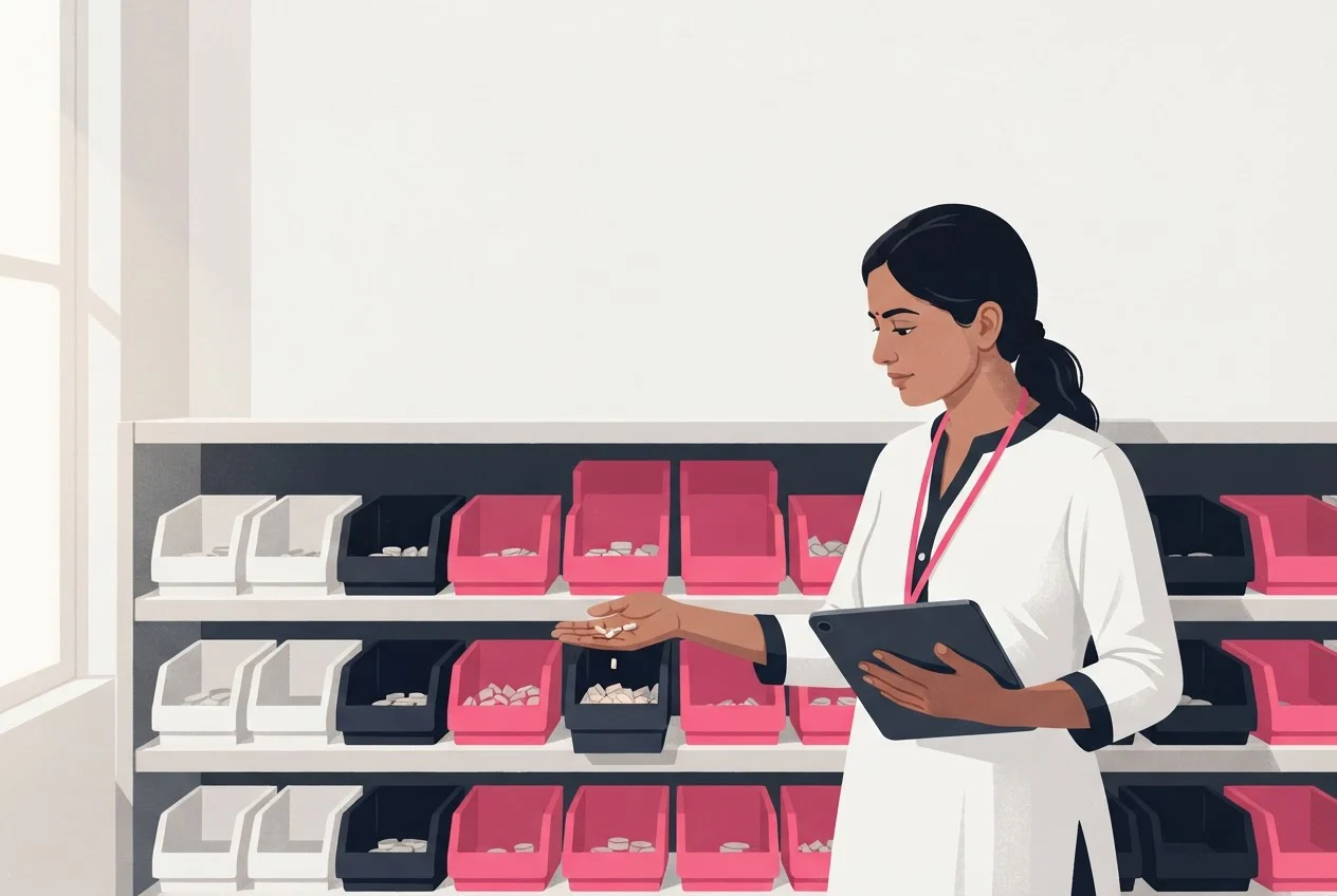 An inventory controller counts the contents of one bin from a stockroom shelf while holding a tablet.