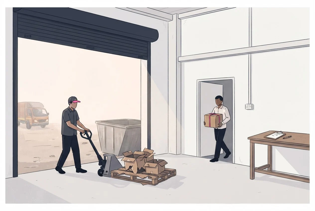 Workers move a damaged pallet and a sample carton out of a warehouse while a clipboard sits unused on a table.