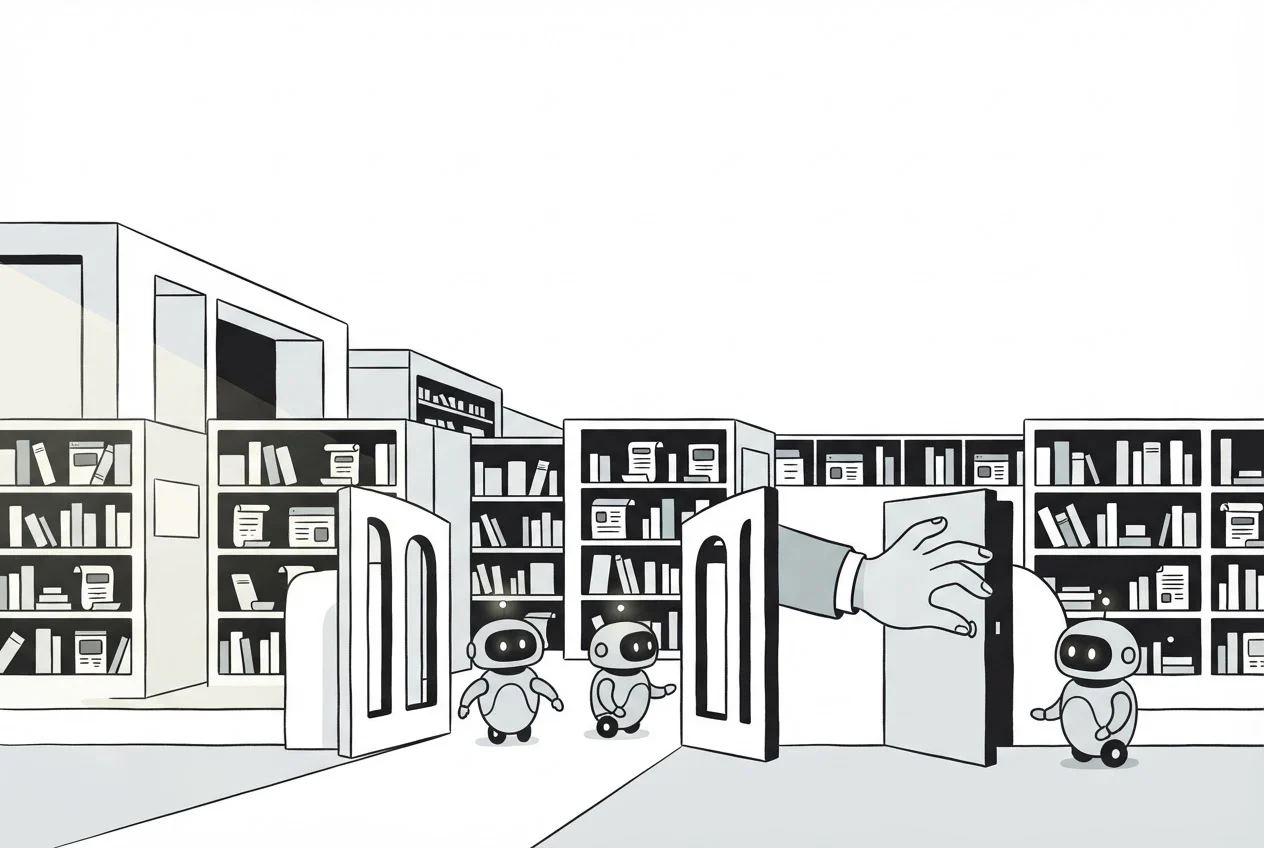 Two small robots walk through an open gate into a library while a third waits at a closed side door.