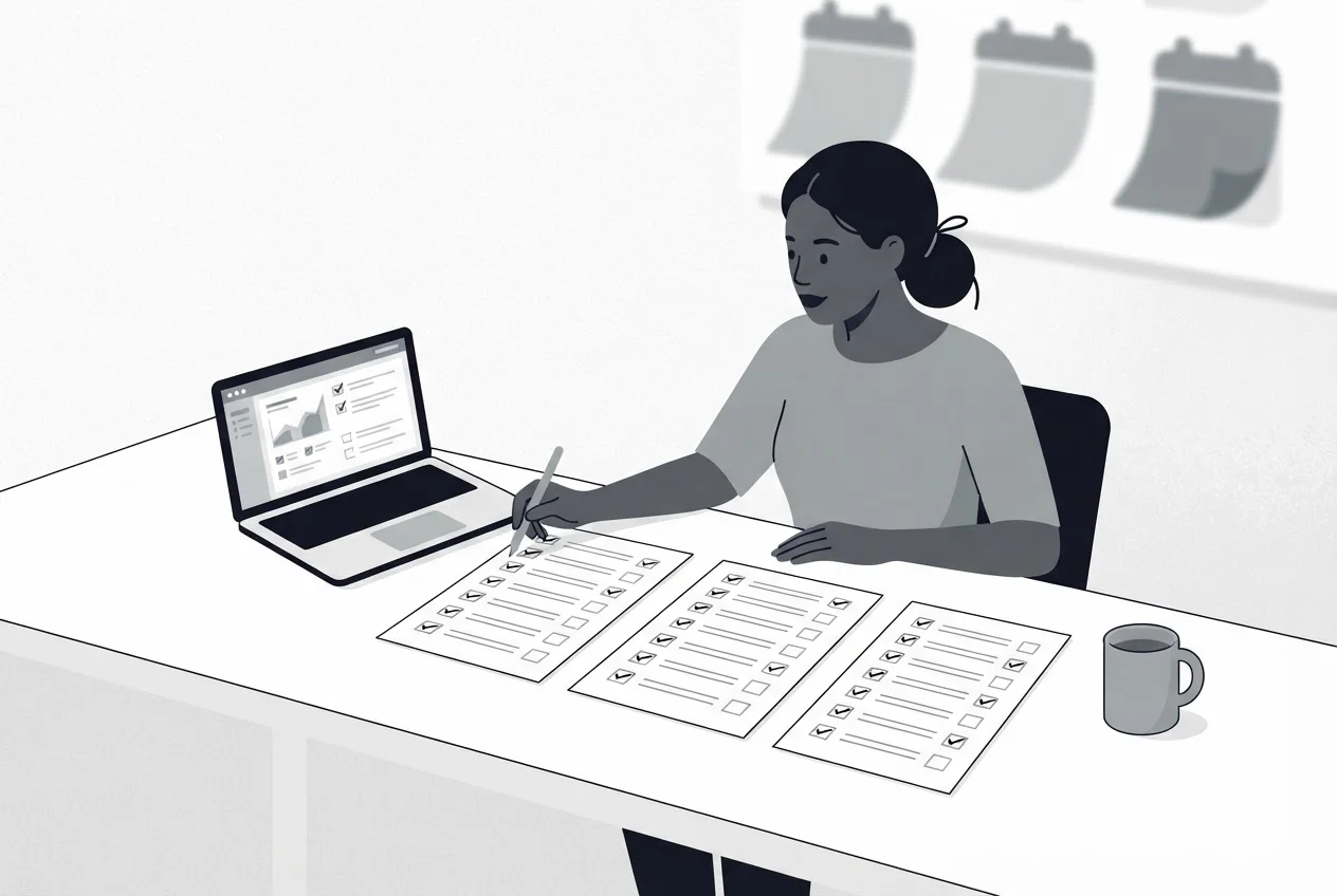 An analyst compares three sheets of ticked checklist boxes against her laptop at a desk.