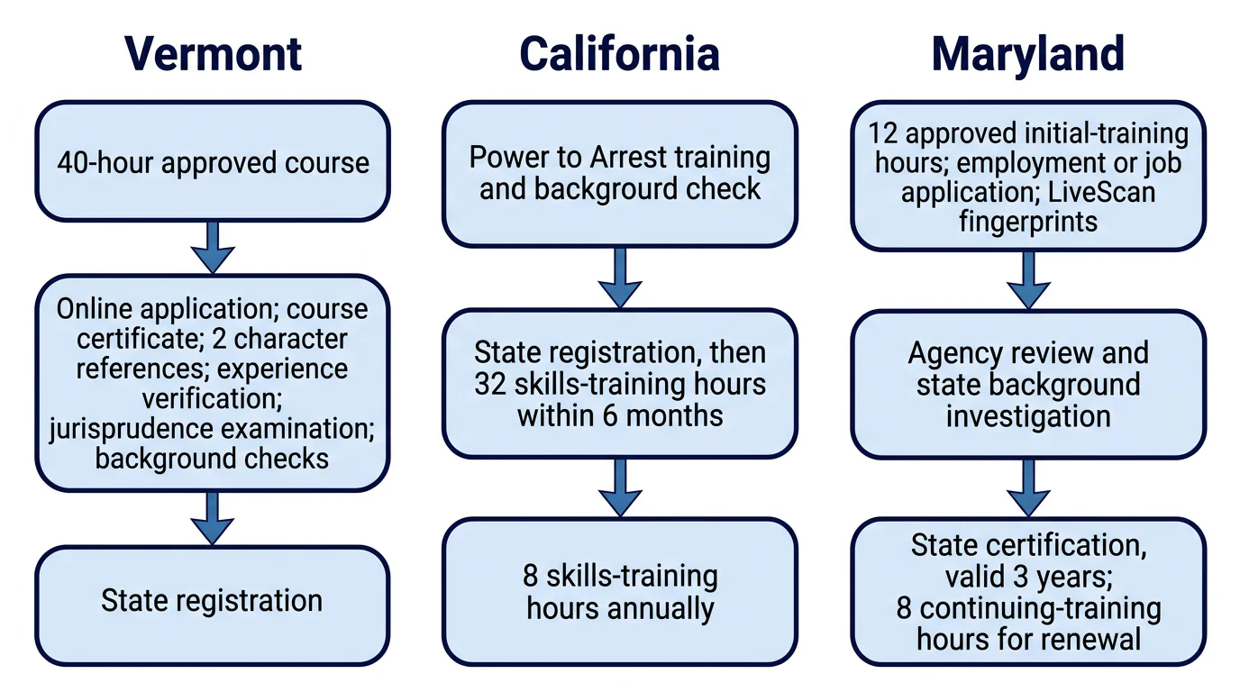 Parallel Vermont, California, and Maryland diagrams show how training fits into different guard credential routes.
