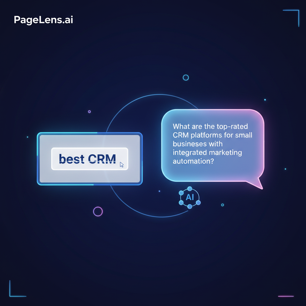 A visual comparison of a traditional keyword search bar with short text versus a modern AI chat interface containing a long, conversational prompt.