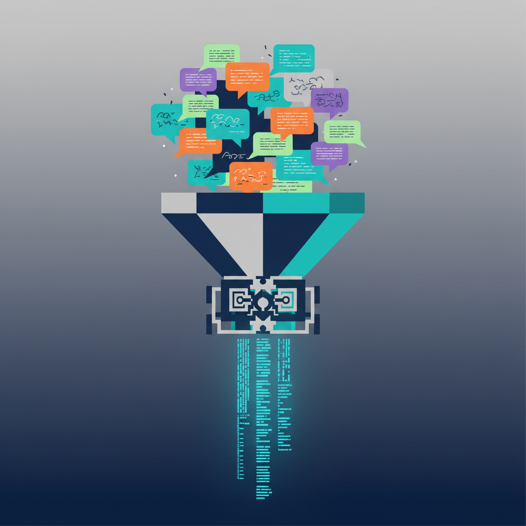 An abstract representation of a data extraction funnel transforming raw customer conversations into structured prompts.