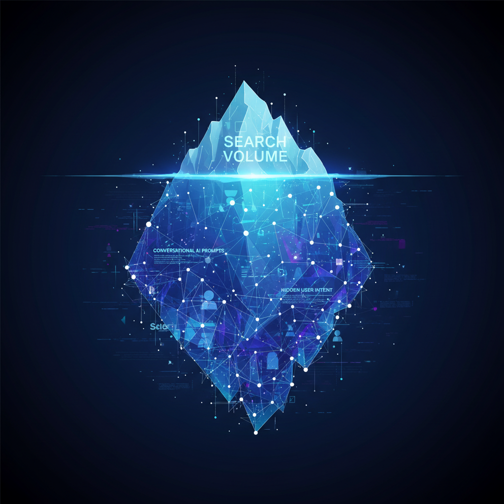 An iceberg metaphor showing a small visible tip representing search volume and a massive submerged base representing conversational AI queries.