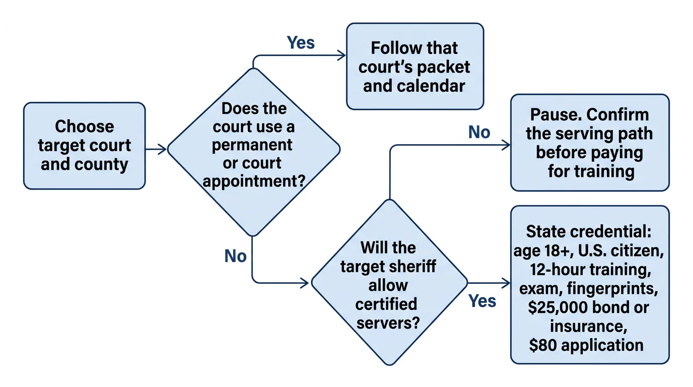 Six-node decision flow showing the court-appointment route or the sheriff-approved statewide certification route before training.