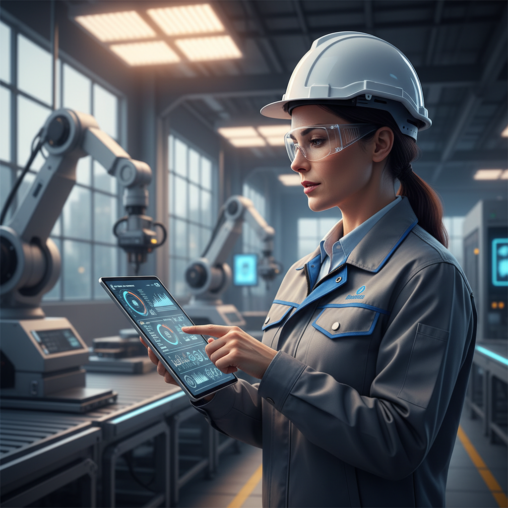 A manufacturing manager in a high-tech factory reviewing operational data on a tablet.