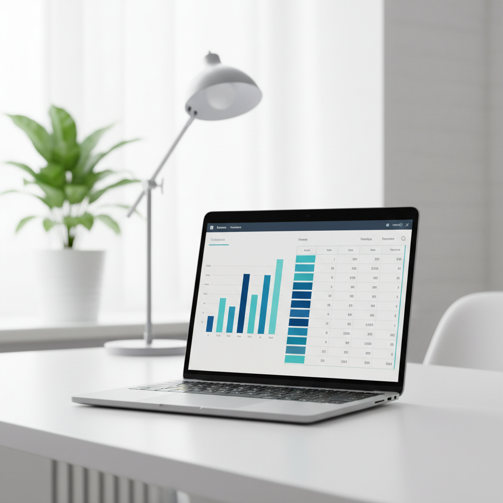 A laptop screen displaying clean financial spreadsheets and data charts on a modern office desk.