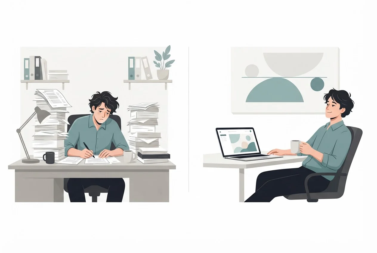 A split scene showing a person buried in a pile of printed answers on one side and relaxed at a tidy laptop on the other.