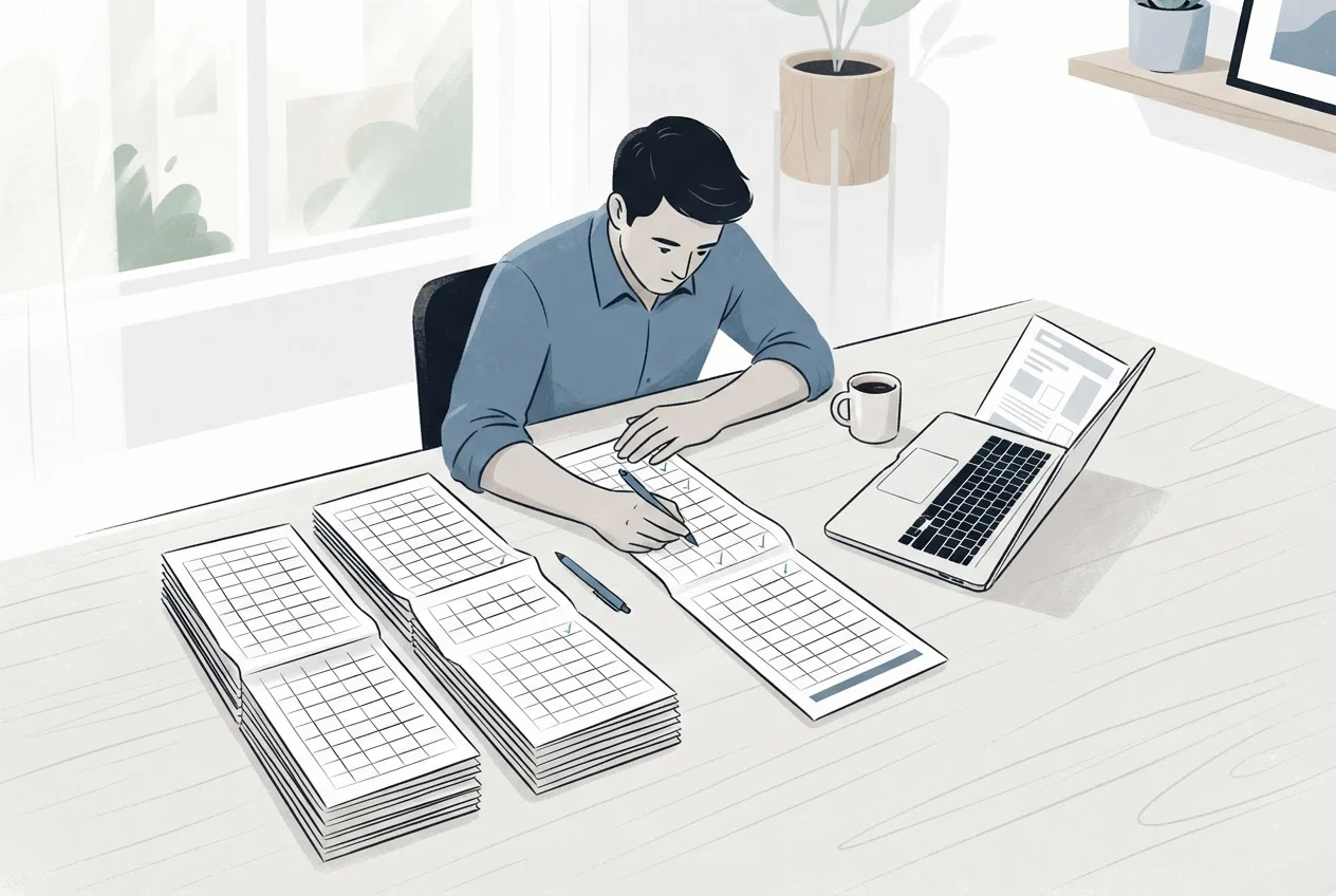 A marketer at a desk marks up three stacks of printed answer sheets beside an open laptop.