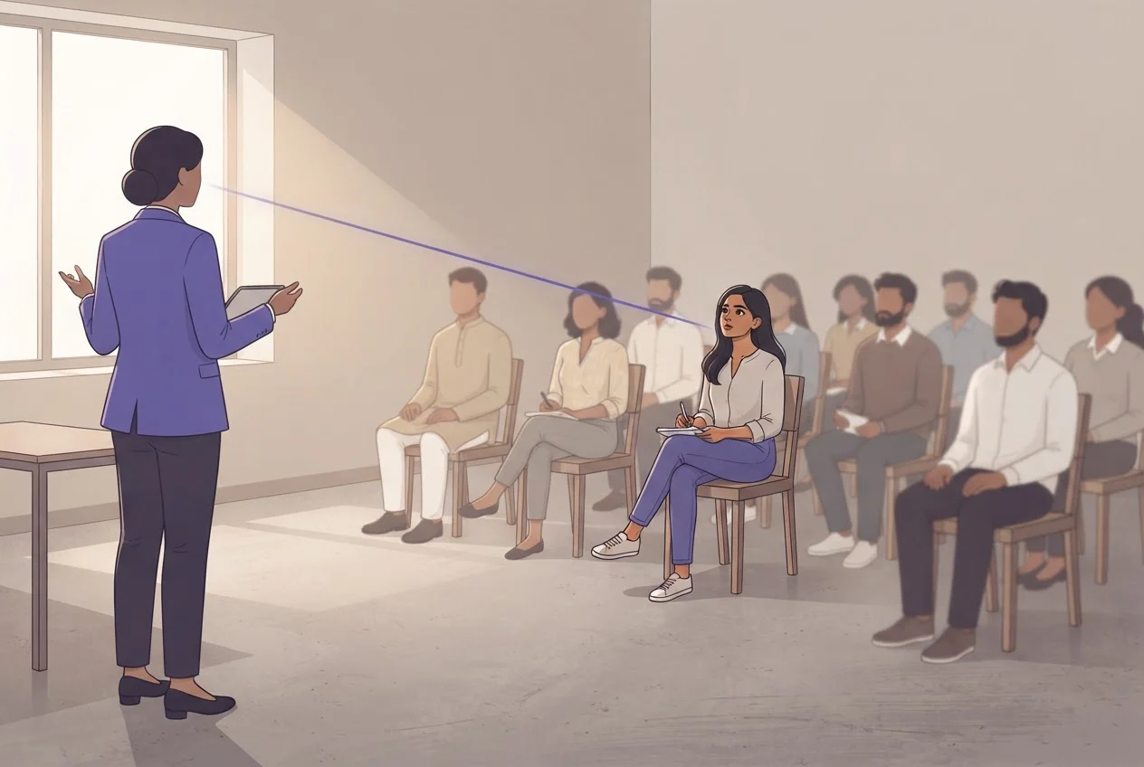 A speaker at the front of a classroom looks directly at one listener in the middle row.