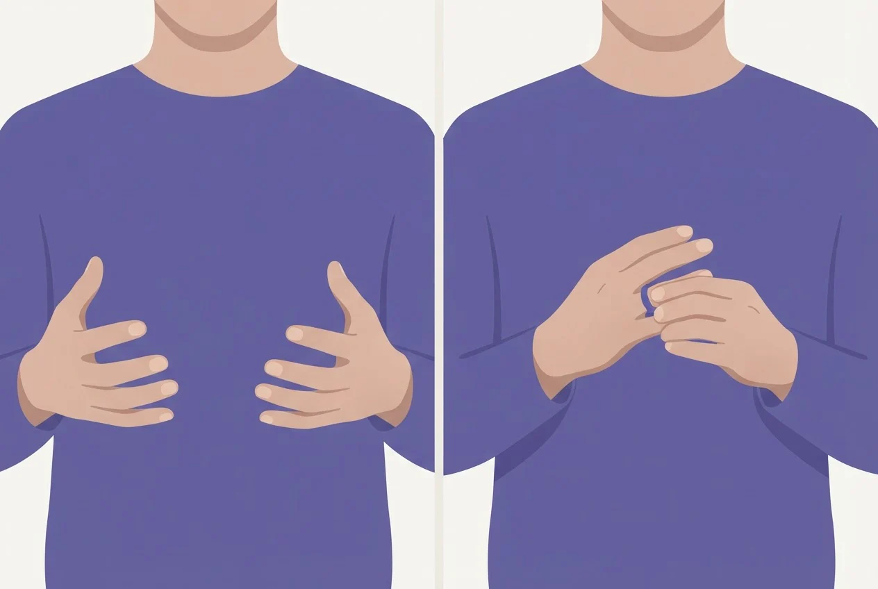 Two panels compare open hands showing a size with a hand twisting a ring.