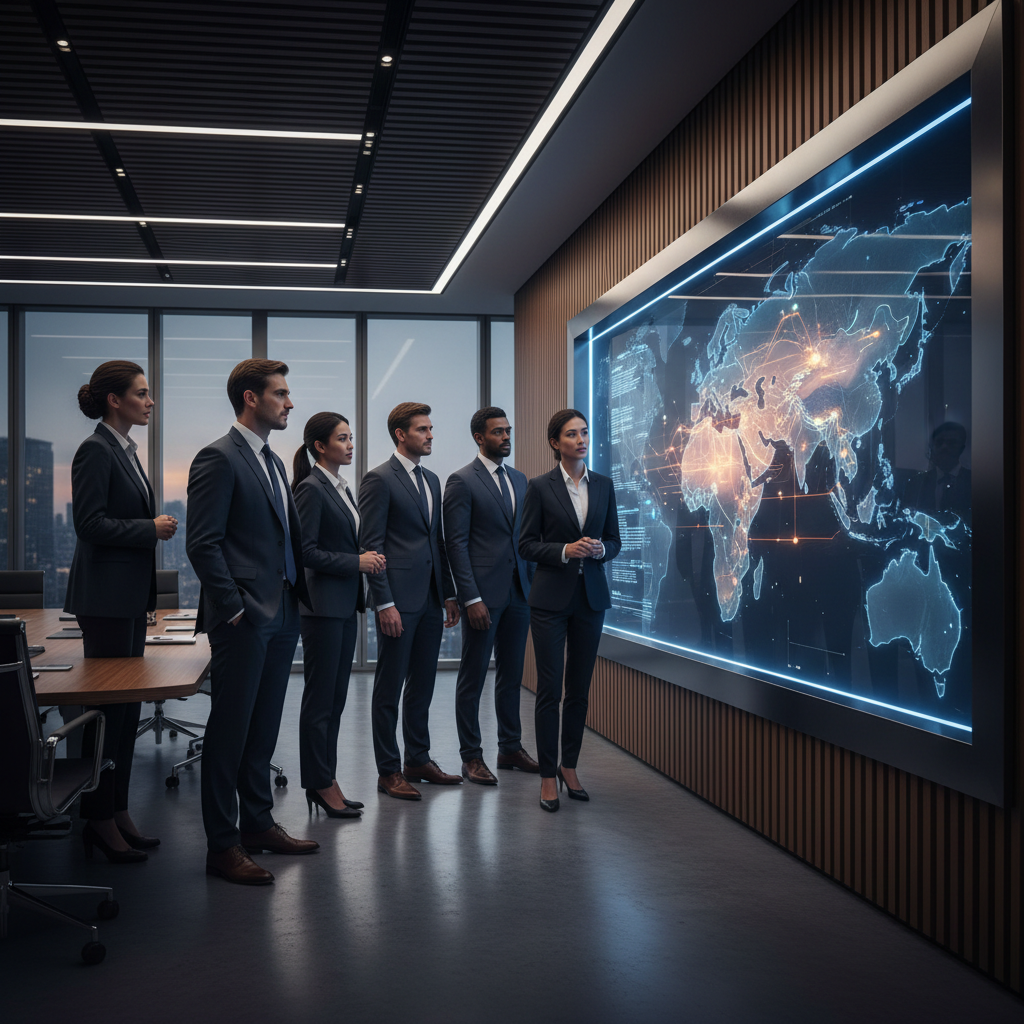 Business professionals in a modern boardroom analyzing a digital map of the GCC region.