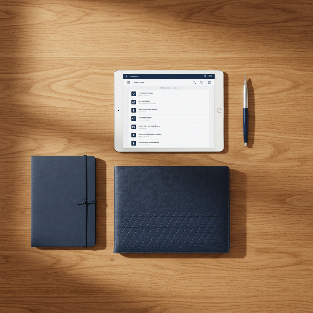 An organized desk with a tablet showing a checklist, a pen, and professional folders, symbolizing preparation for licensing.