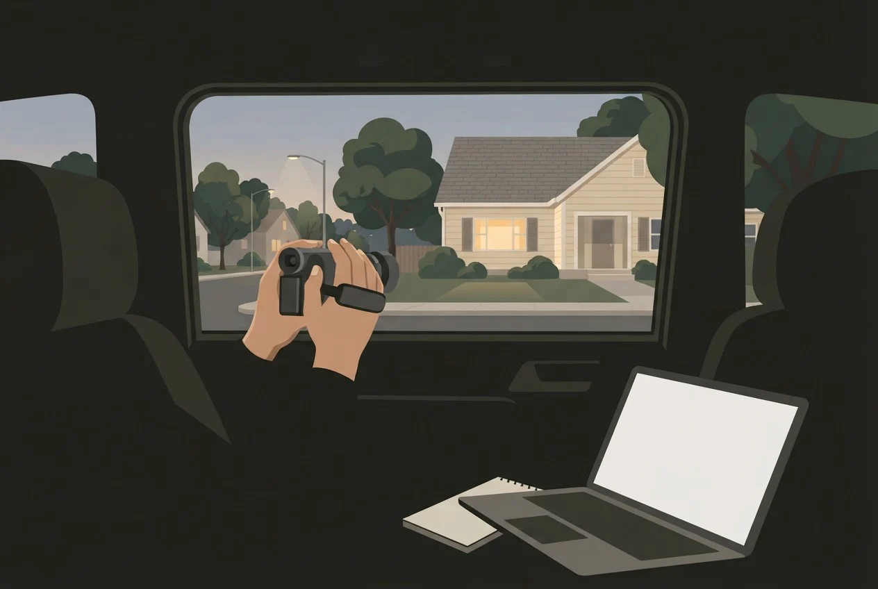 An investigator films a house from a parked car, with a laptop for the written report on the seat.