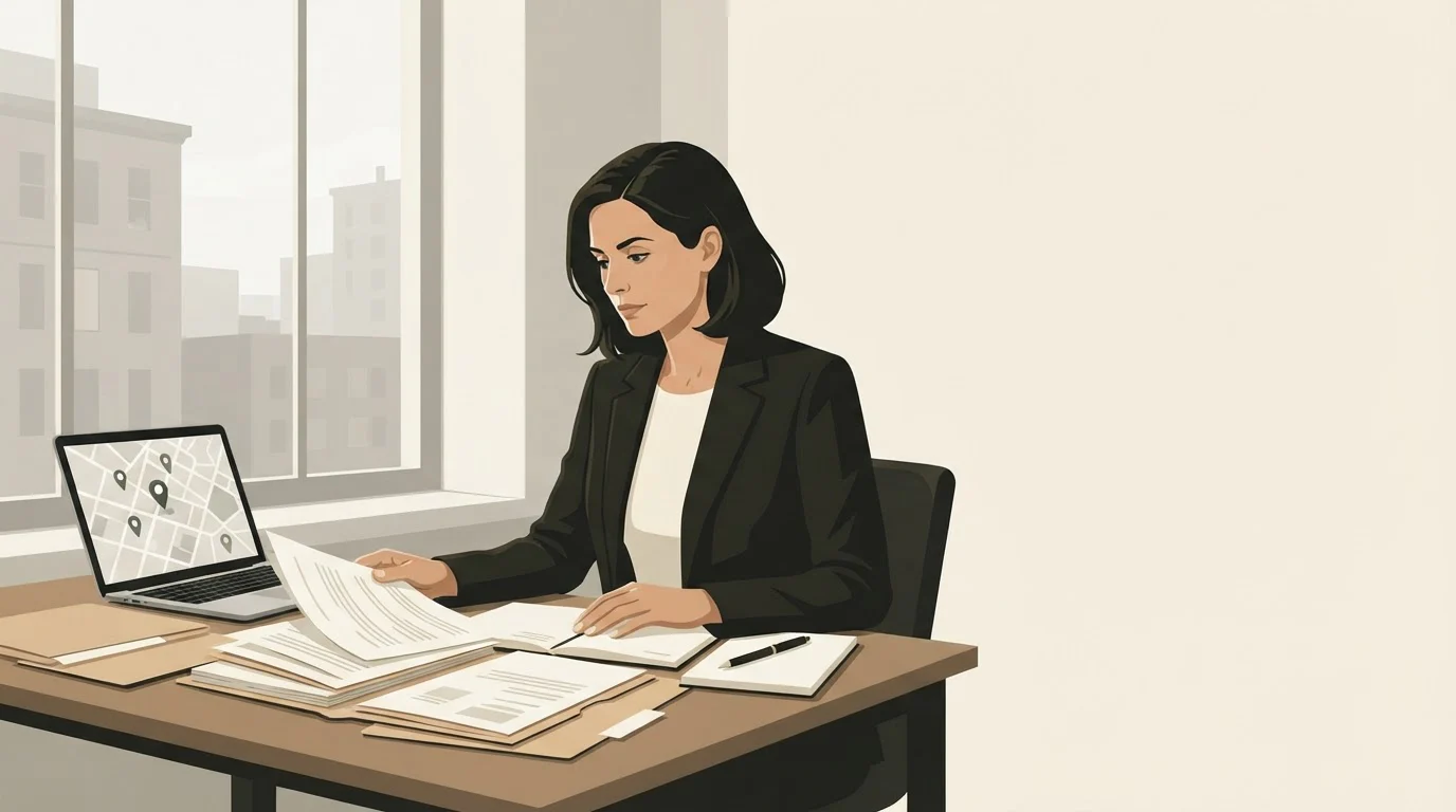 A private investigator at a desk by a window reviews paper case files and a laptop.