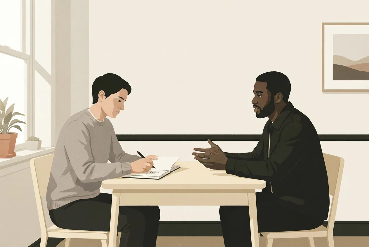 An investigator takes notes while interviewing a man at a kitchen table.