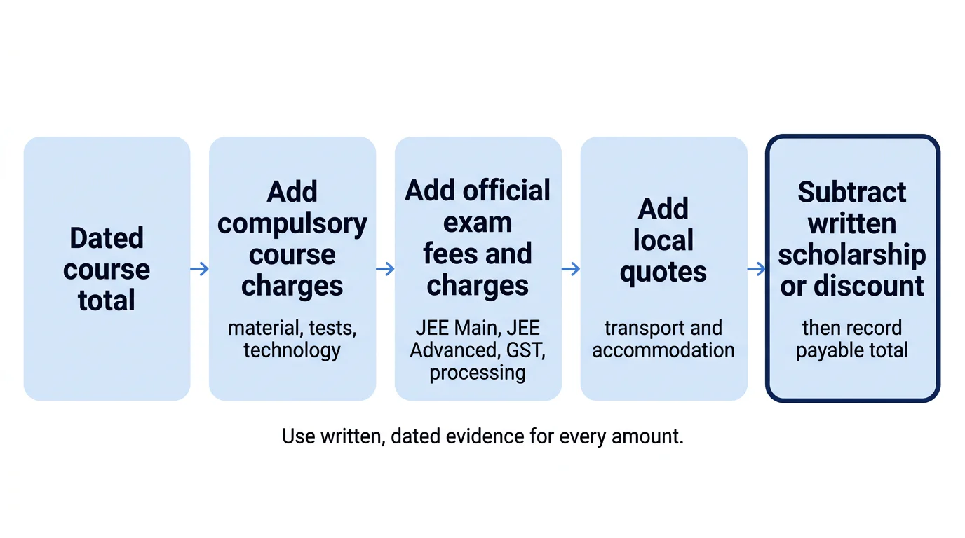 Five connected steps for building a documented JEE coaching cost total from tuition, compulsory charges, official exam fees, living quotes and written discounts.