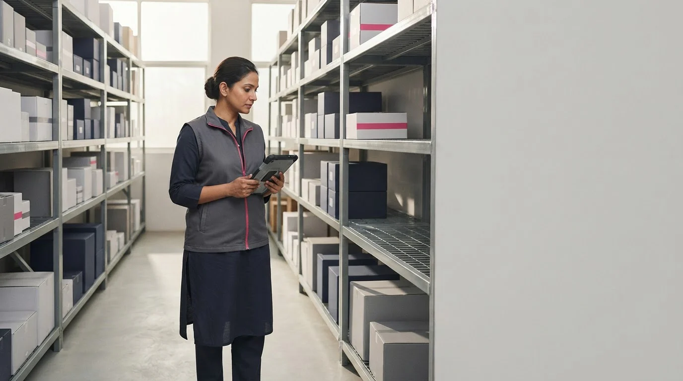 A stockroom supervisor looks along shelves of cartons, one bay half empty, while holding a tablet.