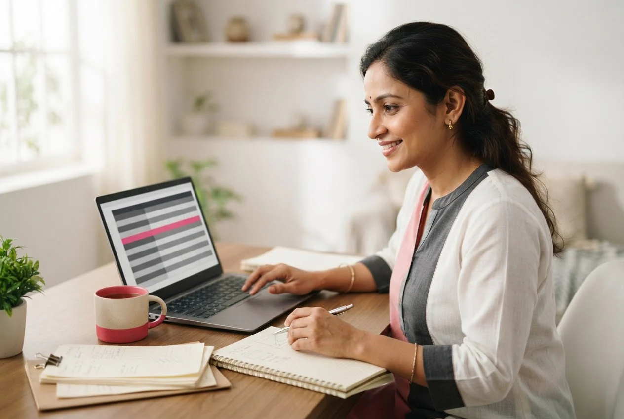 A business owner at a desk works on a laptop spreadsheet with a stack of delivery slips beside it.