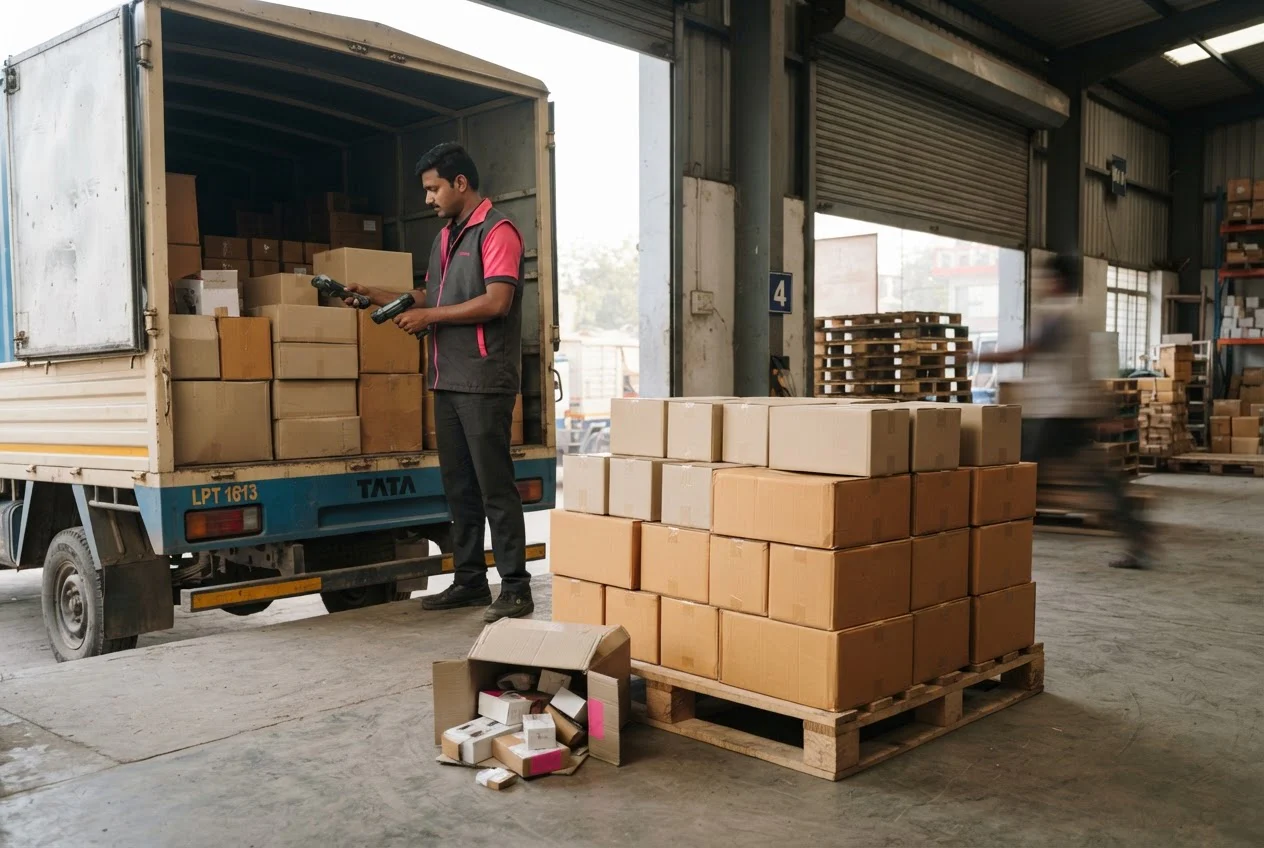 A dock worker counts cartons from a delivery truck, with one carton open and pieces loose beside the pallet.