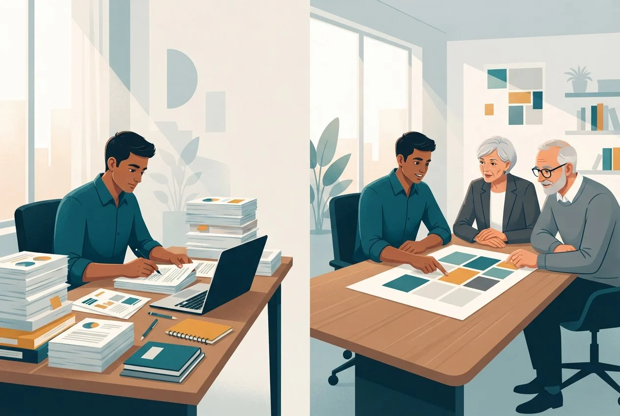 The same professional shown first alone compiling paper trackers, then at a table helping senior colleagues make a decision.