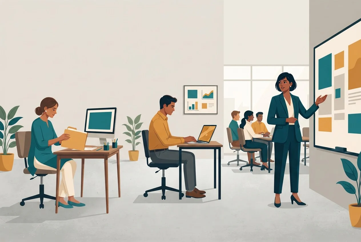 Three office workers at three stations of growing scope, from a junior coordinator with a folder to a manager at a large wall board.