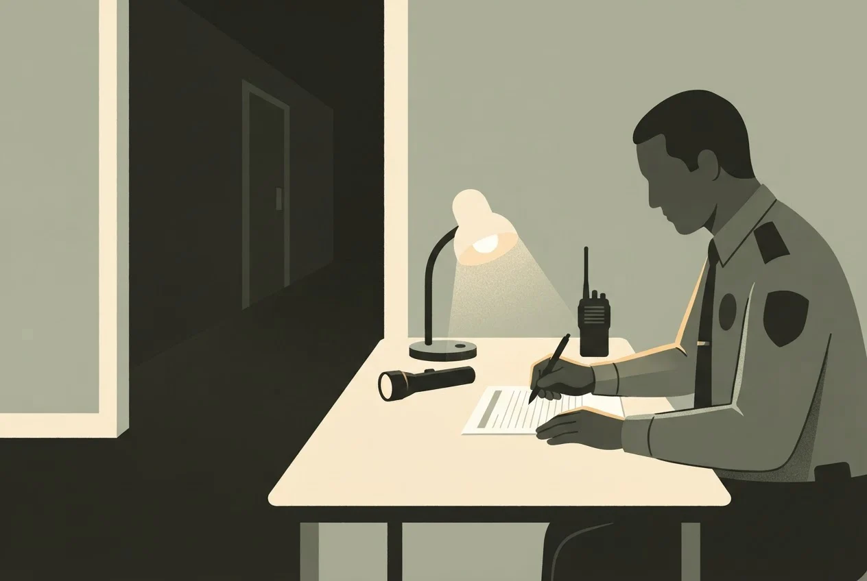 A security guard writes an incident report by lamplight at a desk, with a dim corridor behind.