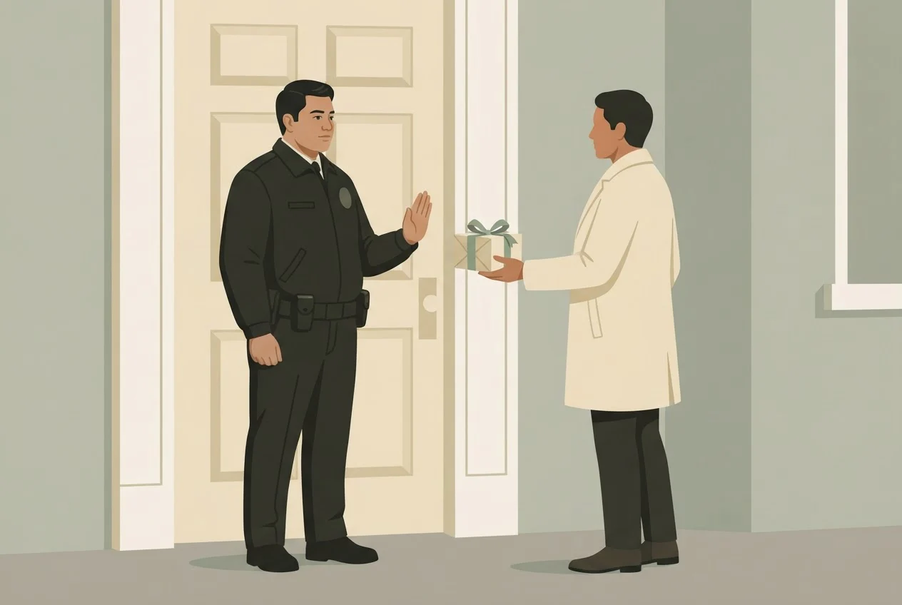 A security guard declines a wrapped gift box offered by a visitor at a building entrance.