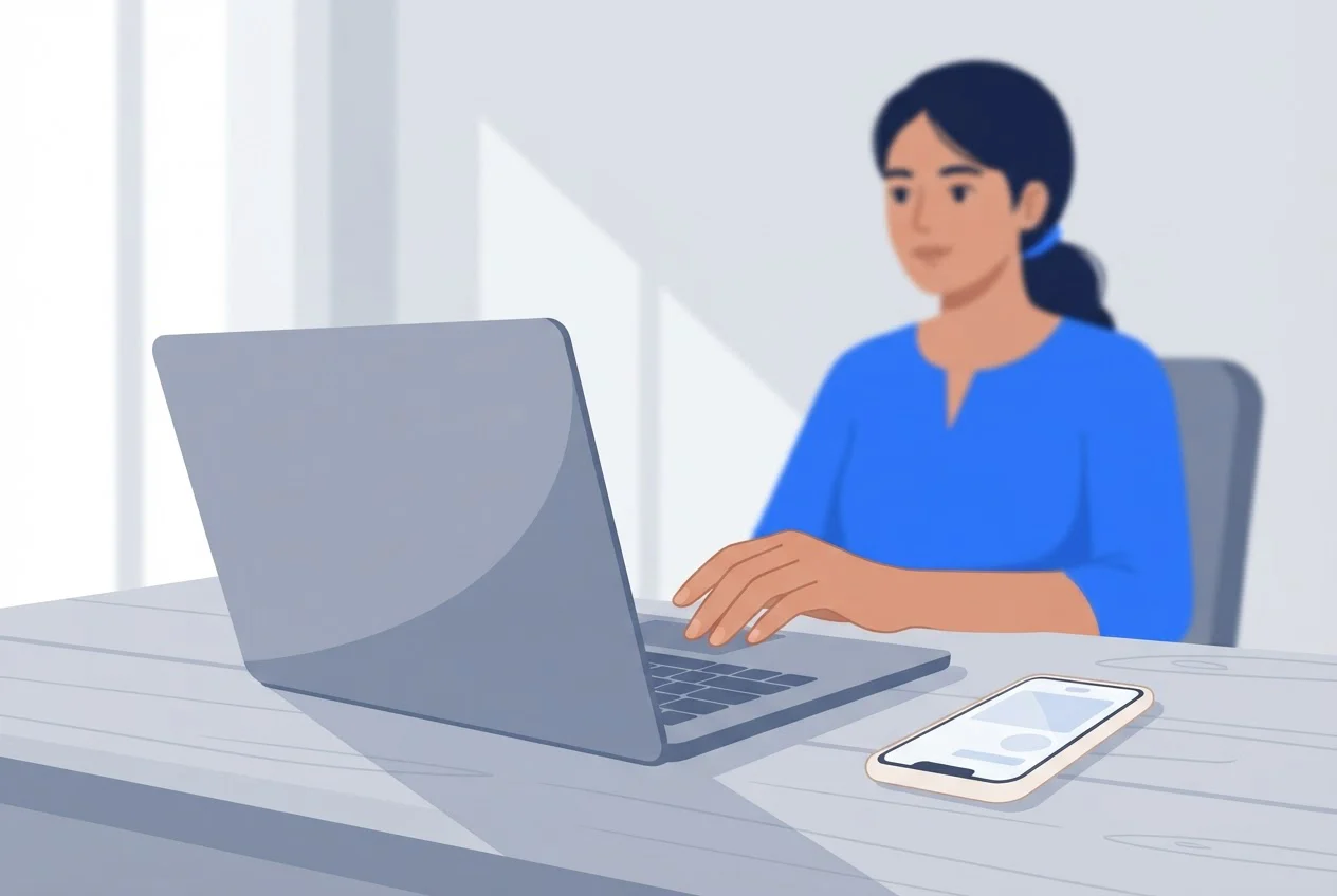 A laptop and a separate smartphone sit side by side on a desk while a woman looks at the laptop screen.