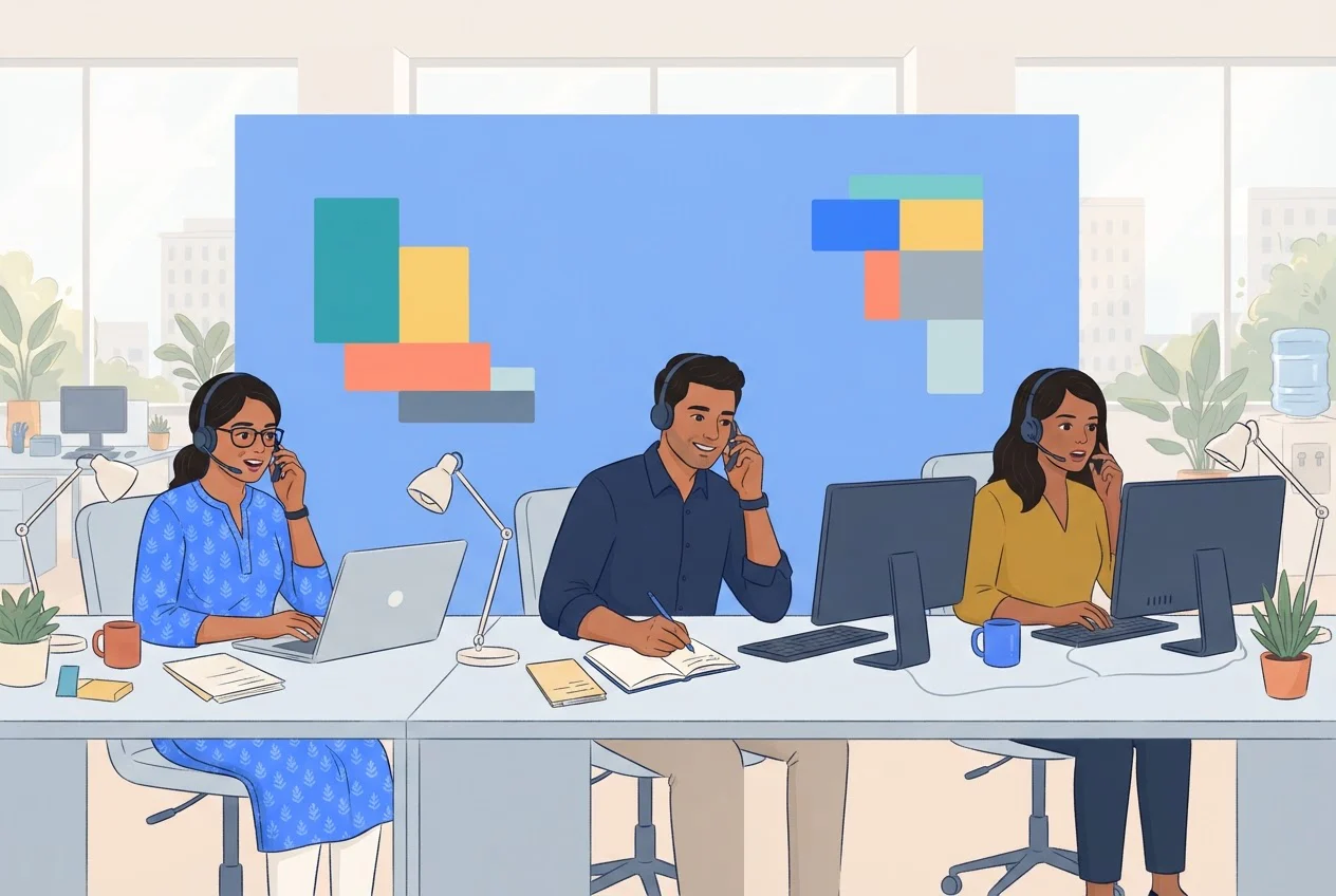 Three sales staff in an Indian office make calls on headsets while one takes notes.
