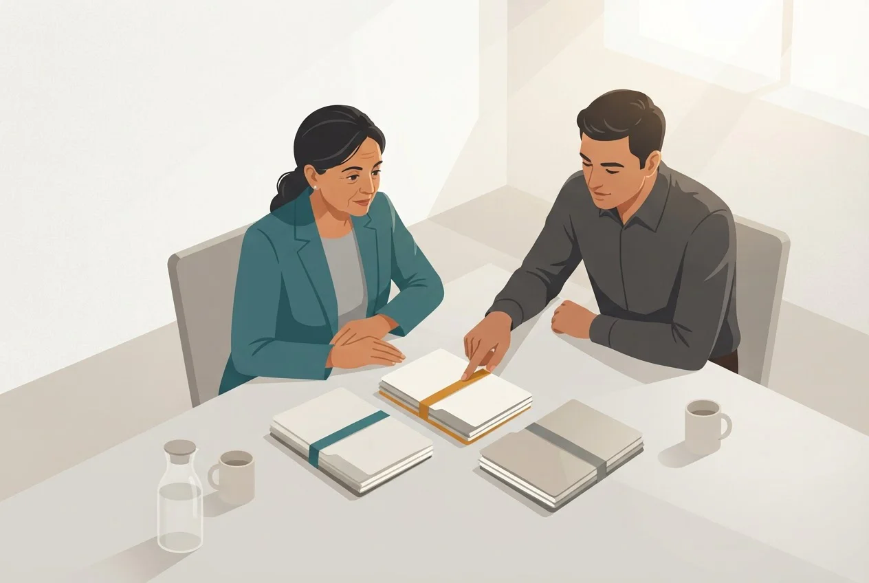A project manager and a colleague review three bundles of related project folders on a meeting table.