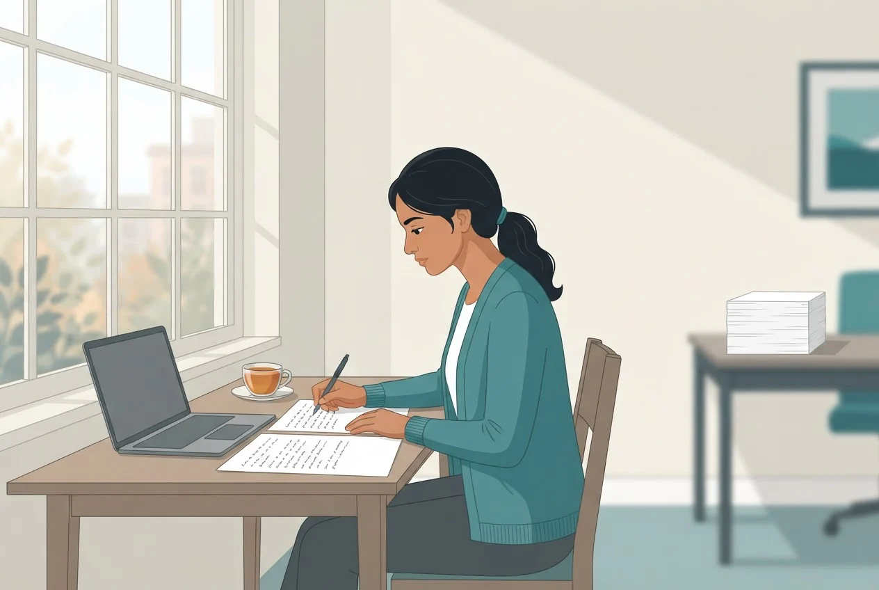 A candidate writes a long essay answer by hand at a desk while a reviewer's table waits in the background.