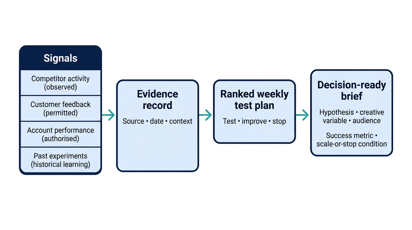 A four-stage flow from mixed marketing signals to a decision-ready Meta creative brief.