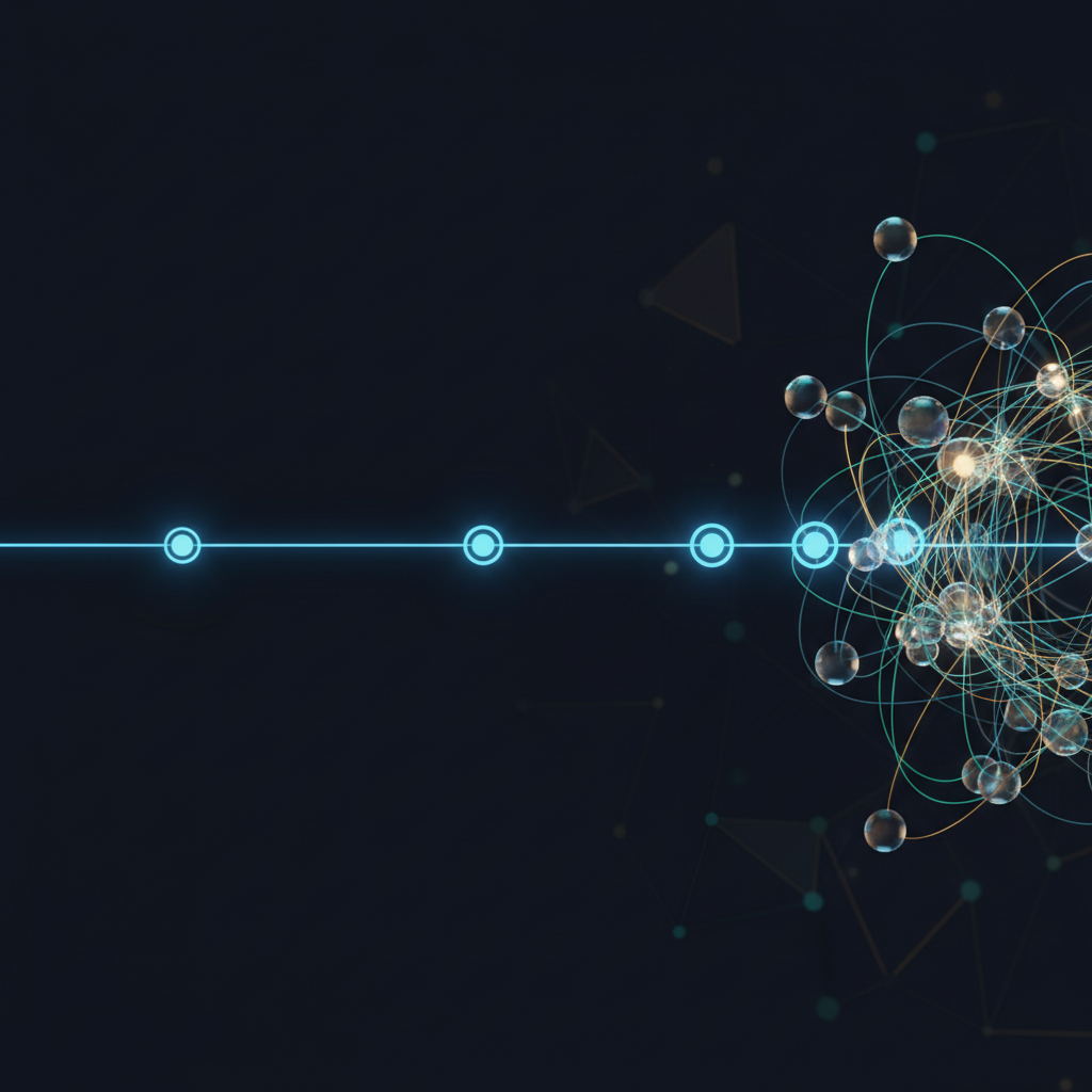 Abstract visualization comparing a single linear path to a complex network of interconnected nodes representing program management.
