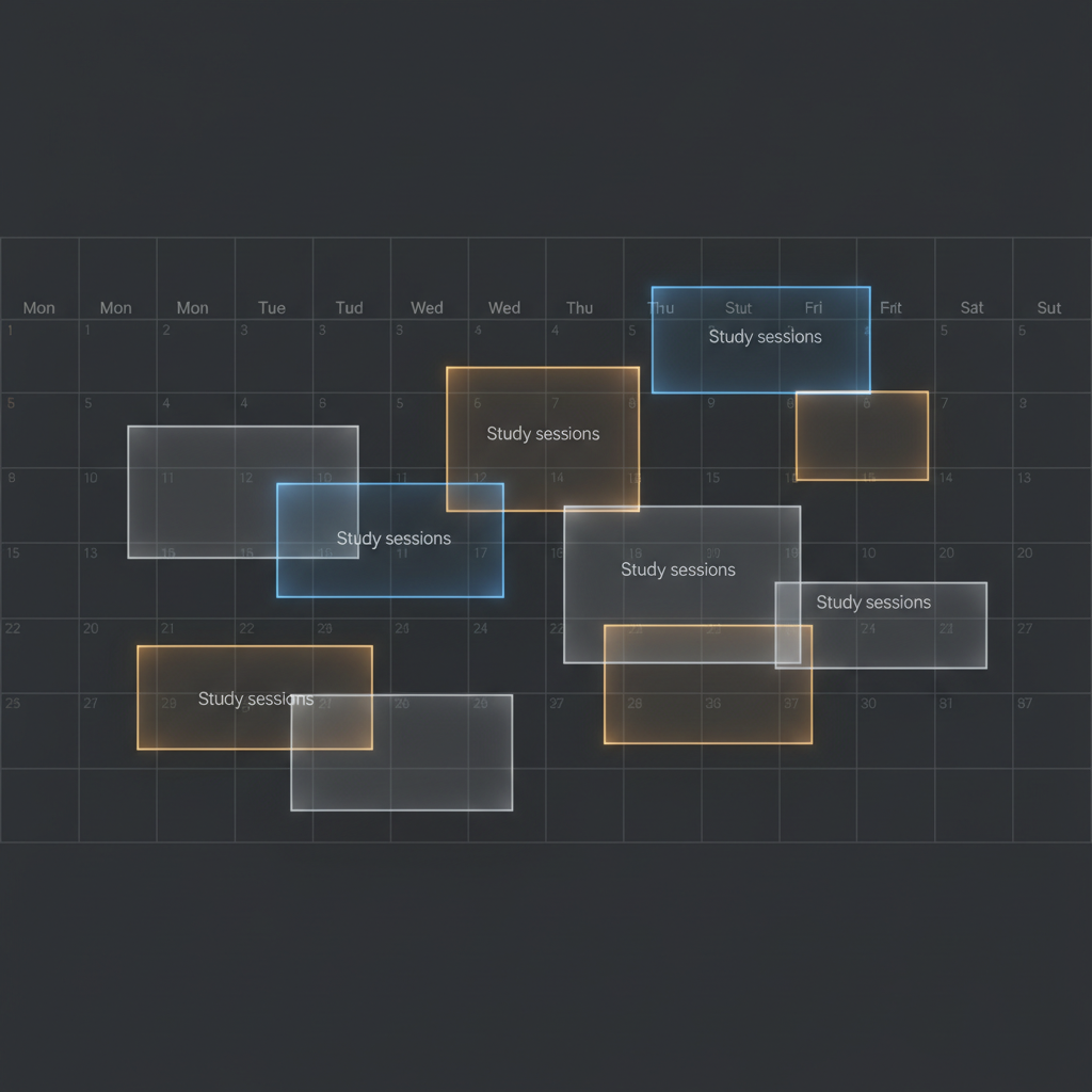 A stylized, modern calendar interface with highlighted time blocks showing a balanced weekly study schedule.